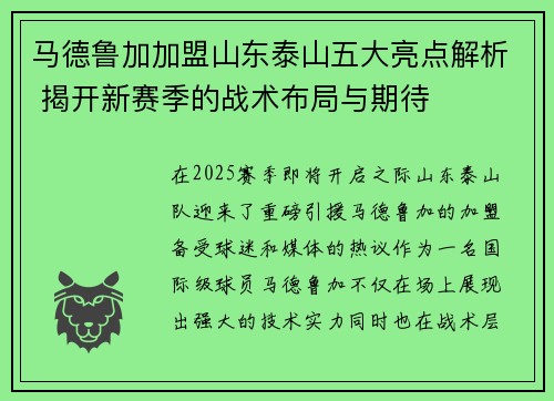 马德鲁加加盟山东泰山五大亮点解析 揭开新赛季的战术布局与期待